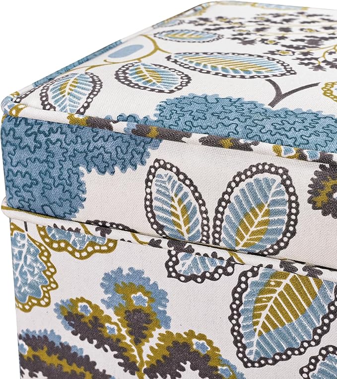 Adeco 18 Inch High Cube Ottoman Storage, Linen Chair Foot Stools, Upholstered Vanity Stool with Hinged Lid, Solid Wood Legs (Blue Leaves)-DeskLoop Office