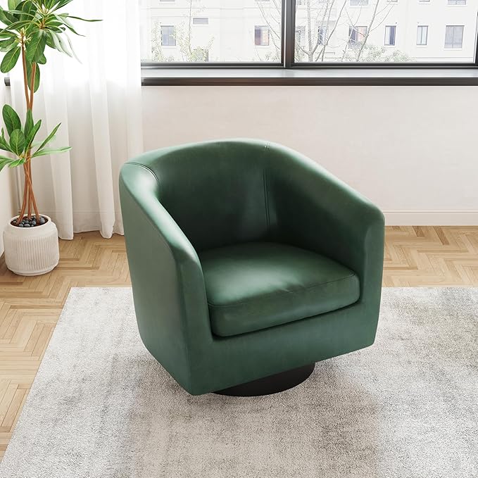 UIXE Faux Leather Swivel Accent Chair with Wood Base, Modern Upholstered Barrel Chairs for Living Room, Comfy Round Armchair Single Sofa Bedroom Reading Seat - 31" W, Green-DeskLoop Office