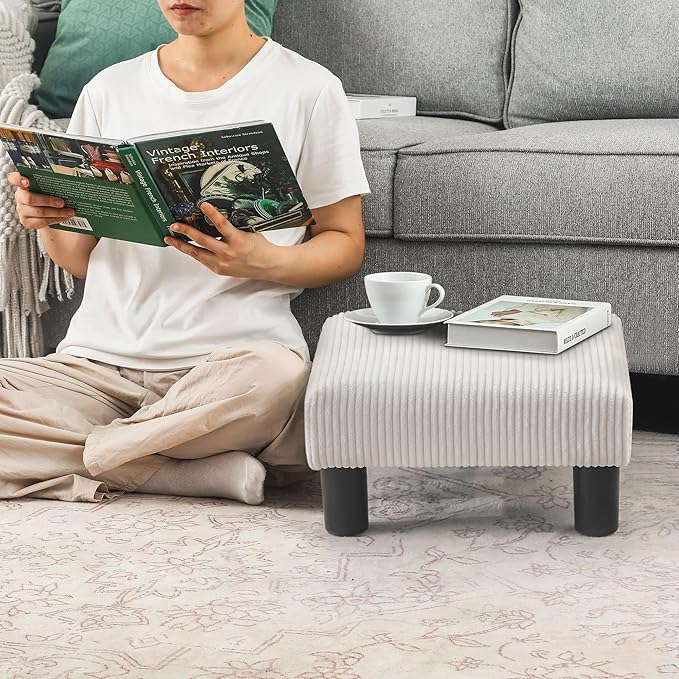 Joveco Small Foot Stool Ottoman, Corduroy Square Footstool Upholstered Footrest Foot Rest for Chair, Under Desk, Office, Living Room, Thick Stripes White-DeskLoop Office