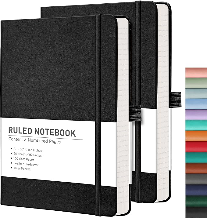 RETTACY Lined Journal Notebook, 2-Pack, 192 Numbered Pages per Pack, A5 Medium Size (5.7'' x 8.3''), for Men & Women, Writing, Work, Leather Hardcover, 100 GSM Thick Paper (Black & Black)-DeskLoop Office