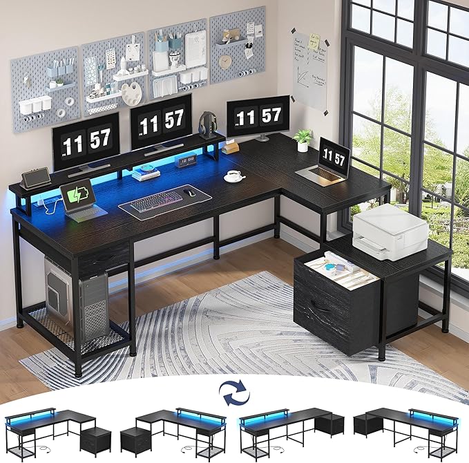 L Shaped Computer Desk with Drawers, Gaming Desk with LED Lights & Monitor Shelf, Office Desks with Power Outlets, Corner Desks for Home Office, Study Room and Bedroom, Black-DeskLoop Office