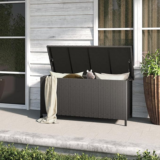 Grand patio 108 Gallon Deck Storage Box Indoor Outdoor Wicker Bin for Patio Furniture Cushions Garden Tools Pool Accessories, Black-DeskLoop Office