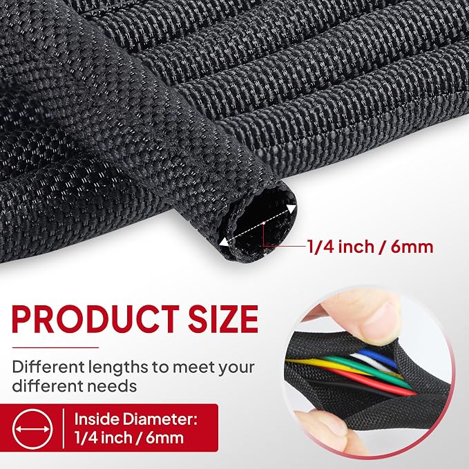 Black Braided Cable Management Sleeves Wire Loom Tubing Cord Protector - Image 2