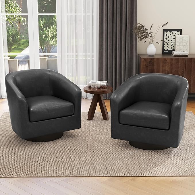 UIXE Faux Leather Swivel Accent Chairs Set of 2, Modern Upholstered Barrel Chairs for Living Room, Comfy Round Armchair Single Sofa Bedroom Reading Seat - 31" W, Black-DeskLoop Office