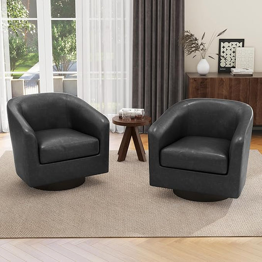 UIXE Faux Leather Swivel Accent Chairs Set of 2, Modern Upholstered Barrel Chairs for Living Room, Comfy Round Armchair Single Sofa Bedroom Reading Seat - 31" W, Black-DeskLoop Office