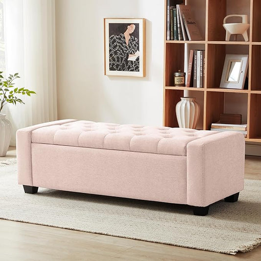 48" Ottoman with Storage, Pink Storage Ottoman Bench with Safety Hinge, Upholstered Entryway Bench with Seating for Bedroom, Living Room, Holds up to 330 lb-DeskLoop Office