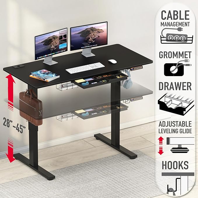 SHW 48-Inch Electric Height Adjustable Standing Desk with Drawer, Memory Preset and Cable Management Tray, Black-DeskLoop Office
