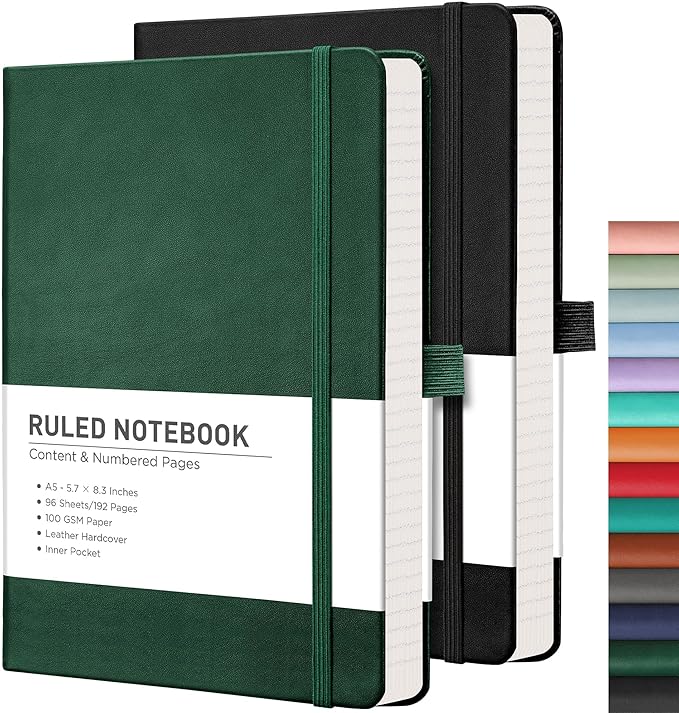 RETTACY Lined Journal Notebook, 2-Pack, 192 Numbered Pages per Pack, A5 Medium Size (5.7'' x 8.3''), for Men & Women, Writing, Work, Leather Hardcover, 100 GSM Thick Paper (Black & Dark Green)-DeskLoop Office