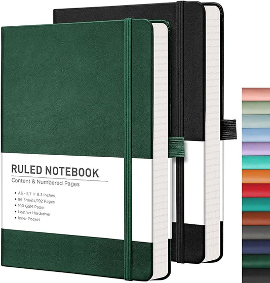 RETTACY Lined Journal Notebook, 2-Pack, 192 Numbered Pages per Pack, A5 Medium Size (5.7'' x 8.3''), for Men & Women, Writing, Work, Leather Hardcover, 100 GSM Thick Paper (Black & Dark Green)-DeskLoop Office