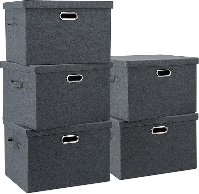 Large 17" 36 Quart Collapsible Stackable Storage Bins with Lids, 5 Packs Dark Gray Foldable Fabric Closet Storage Boxes with Lids Heavy-duty Linen Cube Baskets(17 x 12 x 11)-DeskLoop Office