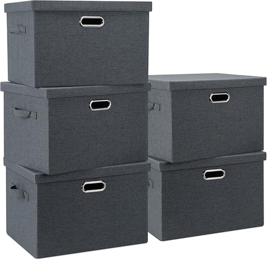 Large 17" 36 Quart Collapsible Stackable Storage Bins with Lids, 5 Packs Dark Gray Foldable Fabric Closet Storage Boxes with Lids Heavy-duty Linen Cube Baskets(17 x 12 x 11)-DeskLoop Office