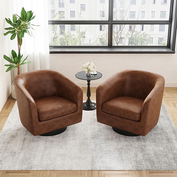 UIXE Faux Leather Swivel Accent Chairs Set of 2, Modern Upholstered Barrel Chairs for Living Room, Comfy Round Armchair Single Sofa Bedroom Reading Seat - 31" W, Coffee-DeskLoop Office