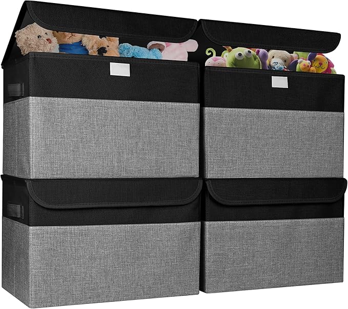Large 22 Quart Linen Fabric Foldable Storage Bin Cube Organizer Basket with Flip-Top Lid & Handles, Clothes Blanket Box for Home, Office, Closet, Black & Gray, 4 Pack 14.6 x 9.5 x 9.5-DeskLoop Office