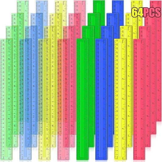 Ruler, 64 Packs 12 Inch Clear Plastic Assorted Color Metric Bulk Rulers by Duchong