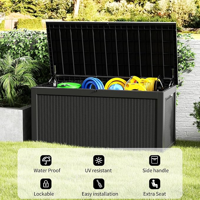 320 Gallon Resin Deck Box, Waterproof Outdoor Storage Bin for Patio Furniture, Pool Accessories, and Garden Tools, Lockable & UV-Resistant, Black-DeskLoop Office