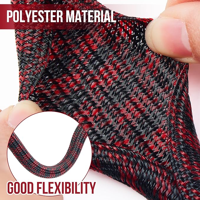 QCSIW Split Cable Sleeve, 1/2 Inch 10ft Black Red Braided Wire Loom - Image 2