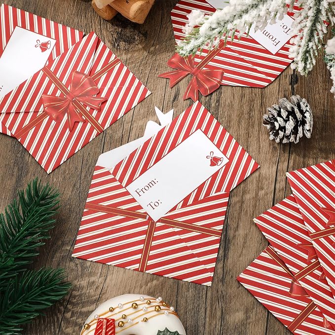 JarThenaAMCS 50Pcs Christmas Paper Gift Card Envelopes Bulk Red Bow Stripe Mini - Image 3