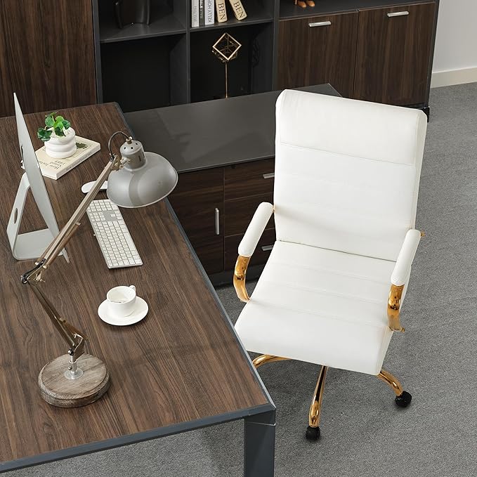 Office Desk Chair,Modern Leather Conference Room Chairs,High Back Home ofiice Chair,Adjustable Height Swivel Executive Computer Chair with Padded Seat and Armrest (White with Gold Frame)-DeskLoop Office