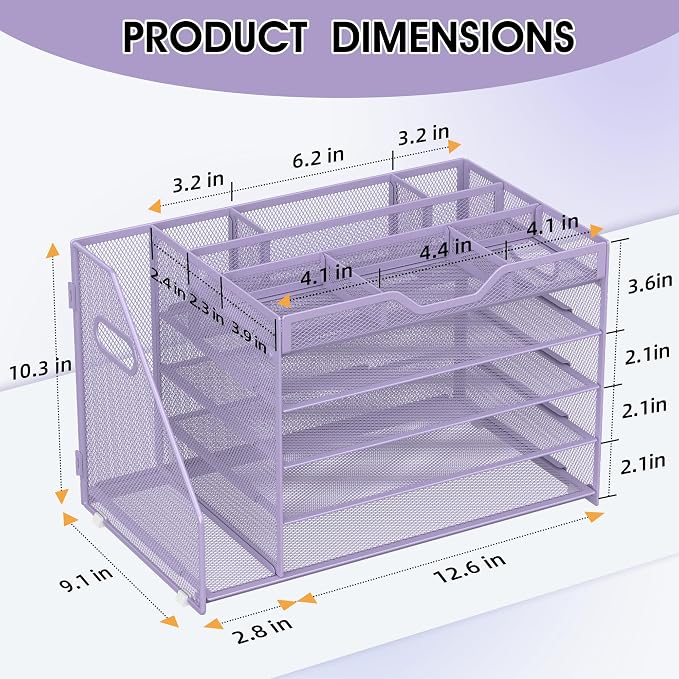 5 Tier Paper Letter Tray with File Holder and 3 Drop-in Pen Holders, Mesh Desk - Image 2