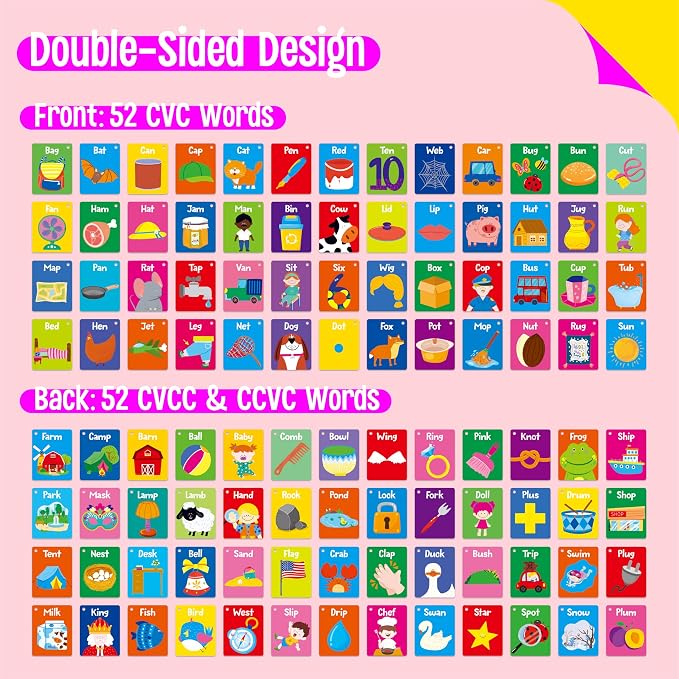 52 PCS Word Flashcards, 52 CVC Words & 52 CVCC, CCVC Words Double-Sided Cards - Image 4