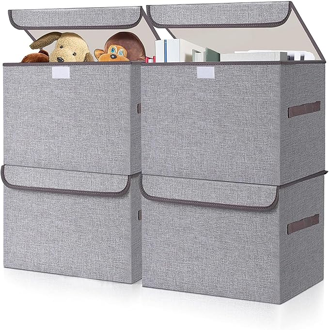 Large 22 Quart Linen Fabric Foldable Storage Bin Cube Organizer Basket with Flip-Top Lid & Handles, Clothes Blanket Box for Home, Office, Closet, Gray, 4 Pack 14.6 x 9.5 x 9.5”-DeskLoop Office