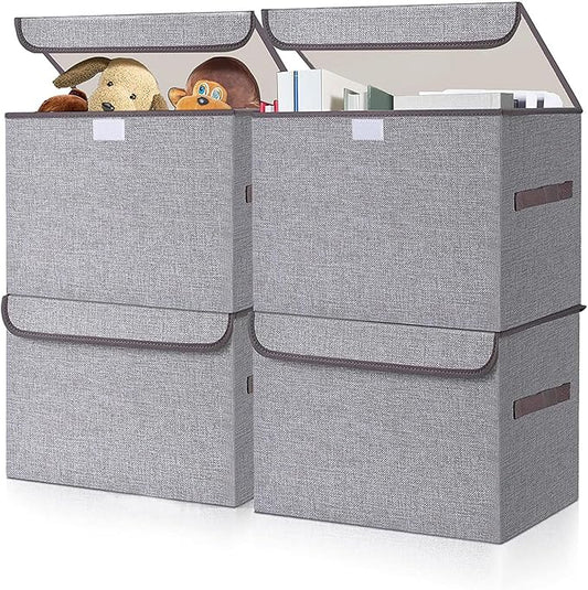 Large 22 Quart Linen Fabric Foldable Storage Bin Cube Organizer Basket with Flip-Top Lid & Handles, Clothes Blanket Box for Home, Office, Closet, Gray, 4 Pack 14.6 x 9.5 x 9.5”-DeskLoop Office
