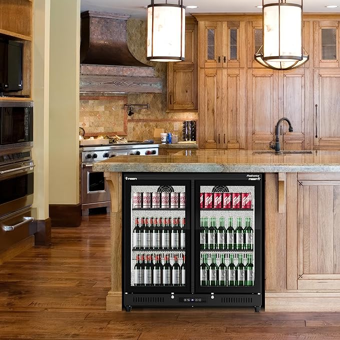 36 inch 206 cans Duo Hinged Door Back Bar Beverage Cooler, 6.75 cu. ft. Under Counter Glass Door Bar Fridge with hinged doors, lockable, 32-50°F Display Refrigerator, ETL Certified, Black-DeskLoop Office