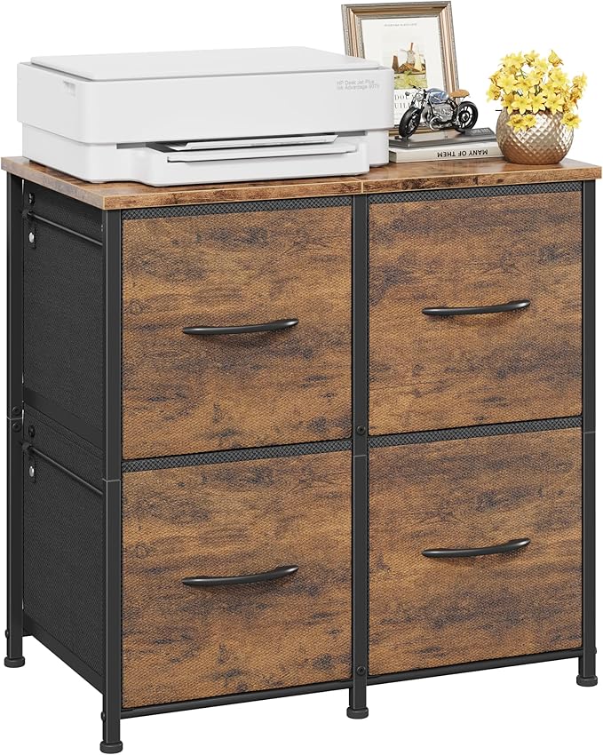 4 Drawer Lateral File Cabinet, Mobile Filing Cabinet for Large Printer, Home Office Functional Small Office Storage Cabinet & Printer Stand, Fabric Drawer, Fits Letter/A4, Rustic Brown-DeskLoop Office