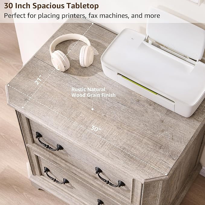 T4TREAM 2 Drawer File Cabinet-30 Wide Wooden Extended Desktop, Farmhouse Filing Cabinet with Smooth Rails, Holds Letter/Legal/A4, Hexagonal Design & Framed Drawer Fronts, Light Rustic Oak-DeskLoop Office