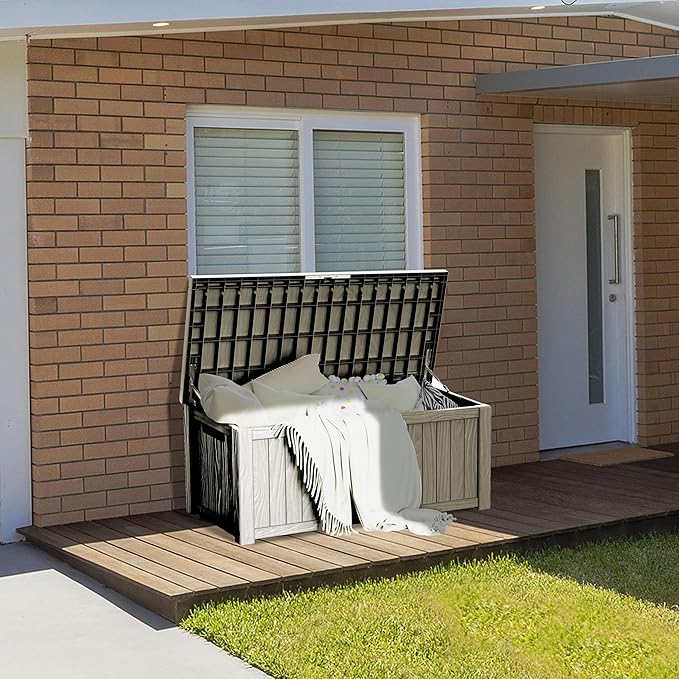 150 Gallon Lockable Resin Deck Box, Waterproof & UV-Resistant Outdoor Storage Box for Outdoor Cushion Storage, Garden Tools & Pool Accessories Storage, Gray-DeskLoop Office