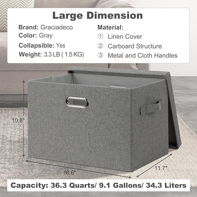 Large 17" 36 Quart Collapsible Stackable Storage Bins with Lids, 5 Packs Gray Foldable Fabric Closet Storage Boxes with Lids, Heavy-duty Linen Cube Baskets(17 x 12 x 11)-DeskLoop Office