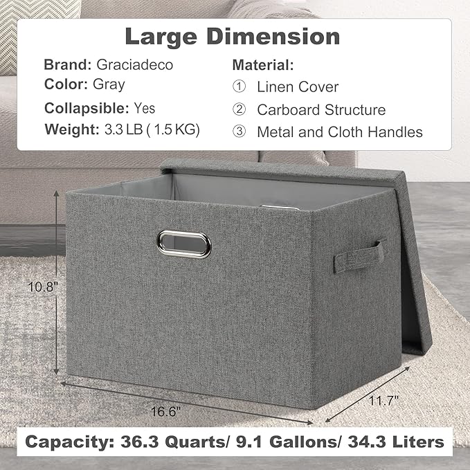 Large 17" 36 Quart Collapsible Stackable Storage Bins with Lids, 3 Packs Grey Linen Fabric Closet Boxes with Lids, Storage Cube Baskets Container Organizers for Bedroom Office(17 x12 x11)-DeskLoop Office