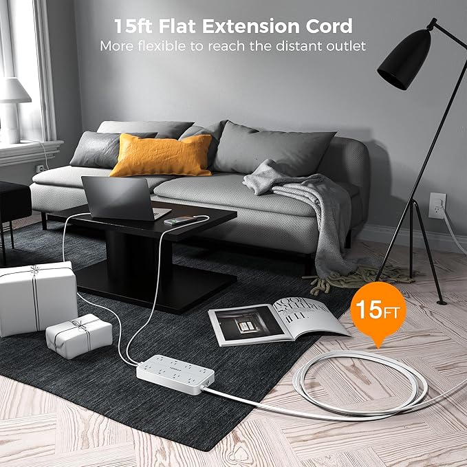 Flat Plug 15 FT Extension Cord, TESSAN Surge Protector Power Strip with 8 AC and 3 USB(1USB-C) Ports, 1080J Protection, Wall Mount Widely Spaced Charging Station for Home, Office, School, Dorm Room-DeskLoop Office