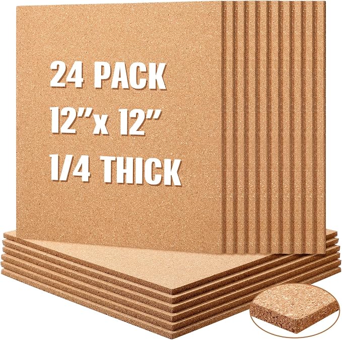 Crtiin 24 Pcs Cork Board Tiles Bulletin Boards 12"x12" 1/4" Thick Square by Crtiin