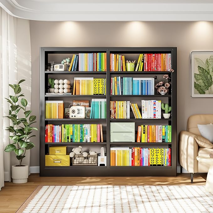 5-Tier Bookcase with Adjustable Storage Shelves, Metal Bookshelf with Book Stopper, Bookcase Shelf for Library, Office, Living Room (Black-2)-DeskLoop Office