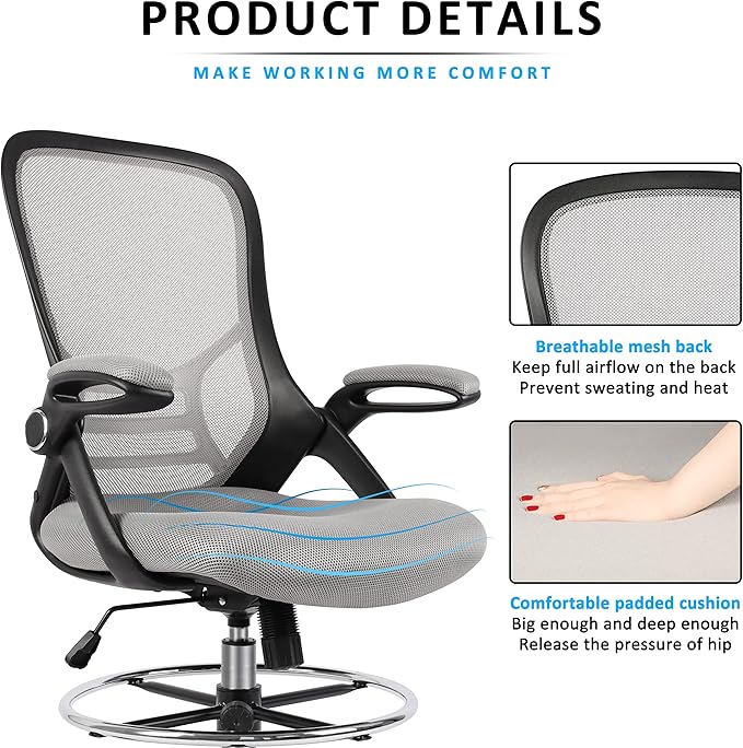 HYLONE Drafting Chair, Tall Office Chair Standing Desk Chair Grey Mesh High-Back Drafting Stool with Flip-Up Arms, Adjustable Foot Ring-DeskLoop Office