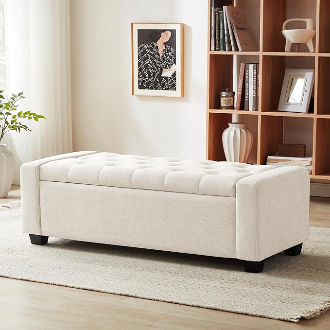 48" Ottoman with Storage, Storage Ottoman Bench with Safety Hinge, Upholstered Entryway Bench with Seating for Bedroom, Living Room, Holds up to 330 lb, Beige-DeskLoop Office