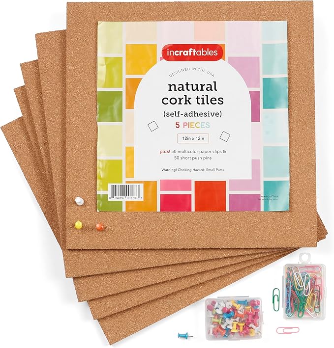 Cork Board Tile Squares – 5 Piece 12x12 Self-Adhesive Squares by Incraftables