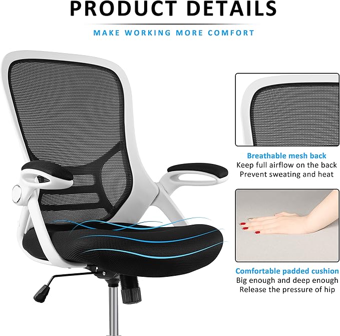 HYLONE Drafting Chair, Tall Office Chair Mesh Standing Desk Stool with Adjustable Foot Ring, Flip-Up Arms, White & Black-DeskLoop Office