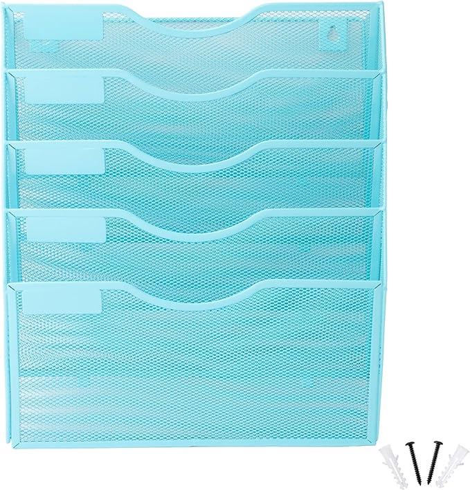 EASEPRES 5 Pocket Mesh Hanging Wall File Organizer, Wall Mounted Mail Paper Document Folder Holder, Clipboard Storage Organization Magazine Rack with Nametag Label for Office Home School, Blue-DeskLoop Office