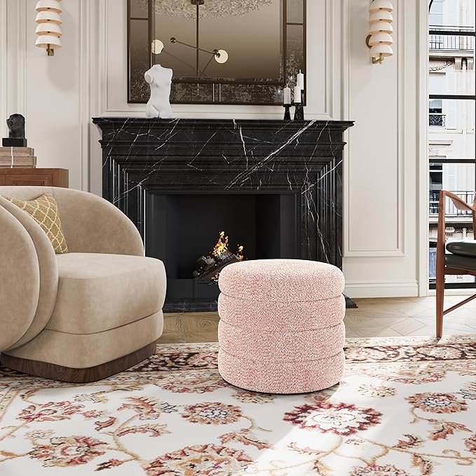Storage Ottoman, Round Ottoman with Storage, Vanity Stool Foot Rest with Removable Lid, Round Boucle Upholstered for Living Room Pouf Footstool (Pink)-DeskLoop Office