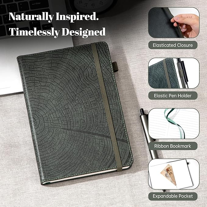 CAGIE Lined Journal for Women & Men, Tree Growth Ring Leather Bound Journal Notebook, 256 Pages 100 GSM Journals for Writing, A5 Hardcover Journaling Notebooks for Work, Note Taking-DeskLoop Office
