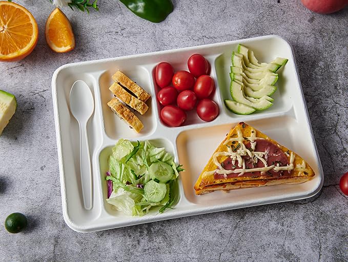 Vplus 100% Compostable 6 Compartment Plates, 90 Pack Compartment Paper Plate - Image 4