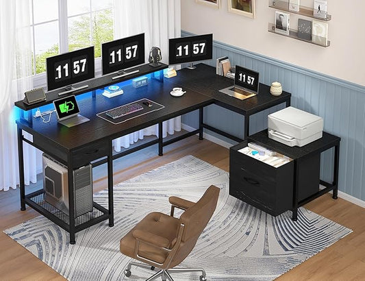L Shaped Computer Desk with Drawers, Gaming Desk with LED Lights & Monitor Shelf, Office Desks with Power Outlets, Corner Desks for Home Office, Study Room and Bedroom, Black-DeskLoop Office
