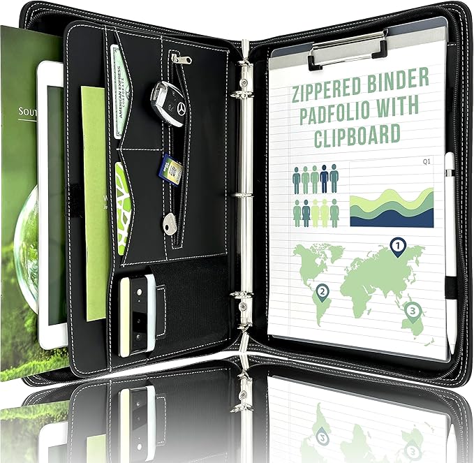 STYLIO Zipper Portfolio Binder | Padfolio 3 Ring Binder and Clipboard Folio| by Stylio