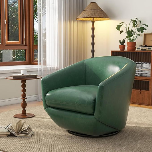 UIXE 360° Swivel Barrel Accent Chair, PU Leather Upholstered Club Armchair for Living Room, Modern Round Arm Chair Single Sofa Bedroom Reading Seating (Green)-DeskLoop Office