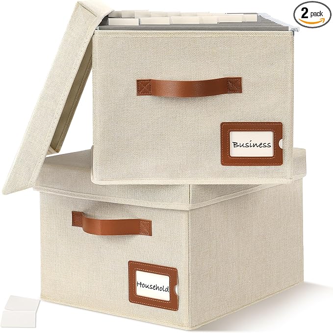 Storage Standard 2-Pack File Organizer Box with Lid - Collapsible Hanging Linen Document Organizer Portable File Boxes, Lightweight & Portable Filing Box Crates with Handles & Extras, Ivory-DeskLoop Office