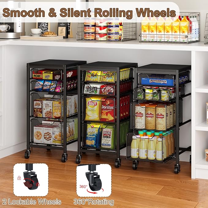 Slim Rolling Storage Cart with Drawers, Under Desk Storage with Wooden Tabletop - Image 4