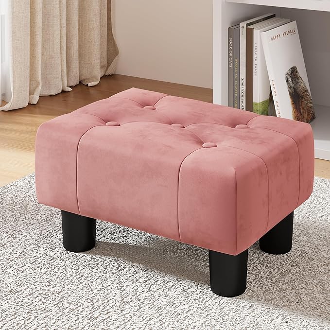 LUE BONA Small Foot Stool Ottoman, Velvet Tufted Footrest with Plastic Legs, 9''H, Rectangle Foot Stools for Adult with Non-Slip Pads, Footstool for Living Room,Couch, Pink-DeskLoop Office