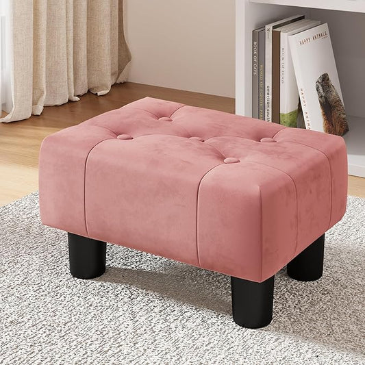 LUE BONA Small Foot Stool Ottoman, Velvet Tufted Footrest with Plastic Legs, 9''H, Rectangle Foot Stools for Adult with Non-Slip Pads, Footstool for Living Room,Couch, Pink-DeskLoop Office